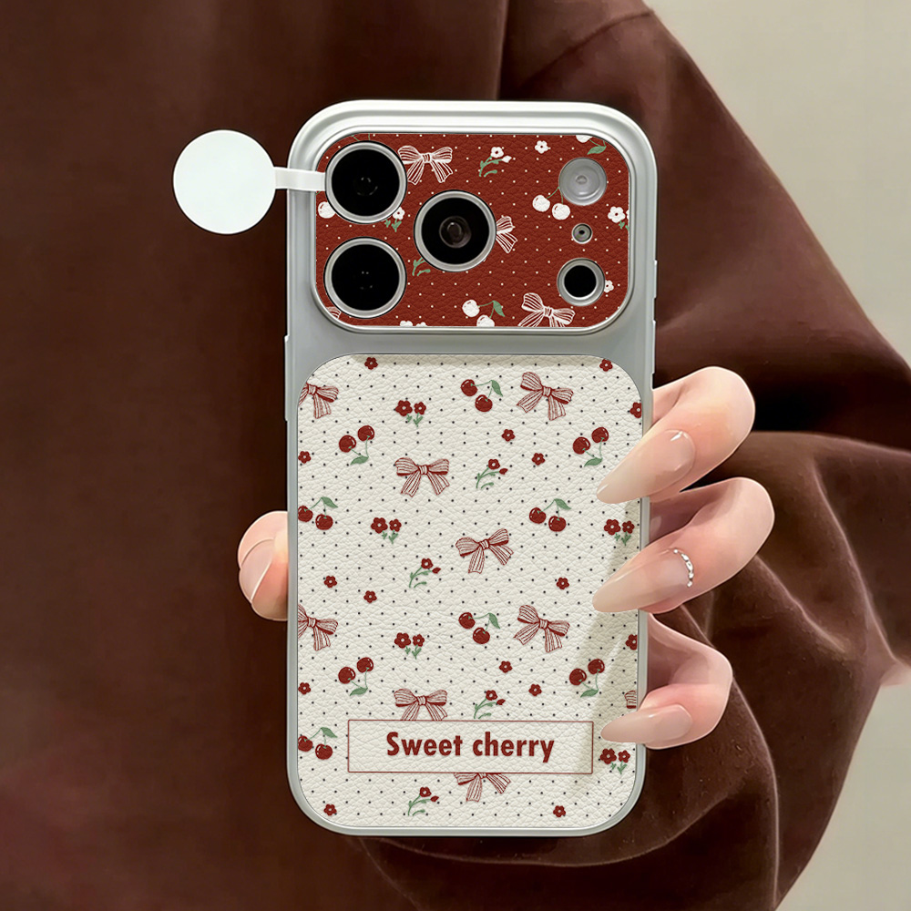 Phone Cases That Cover The Camera - Tatlı Kiraz Fiyonklu Deri Telefon Kılıfı