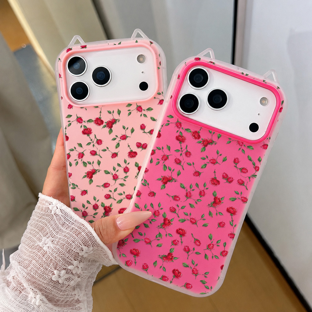 Phone Cases Red - Kırmızı Gül Çiçekli Kedi Kulaklı Telefon